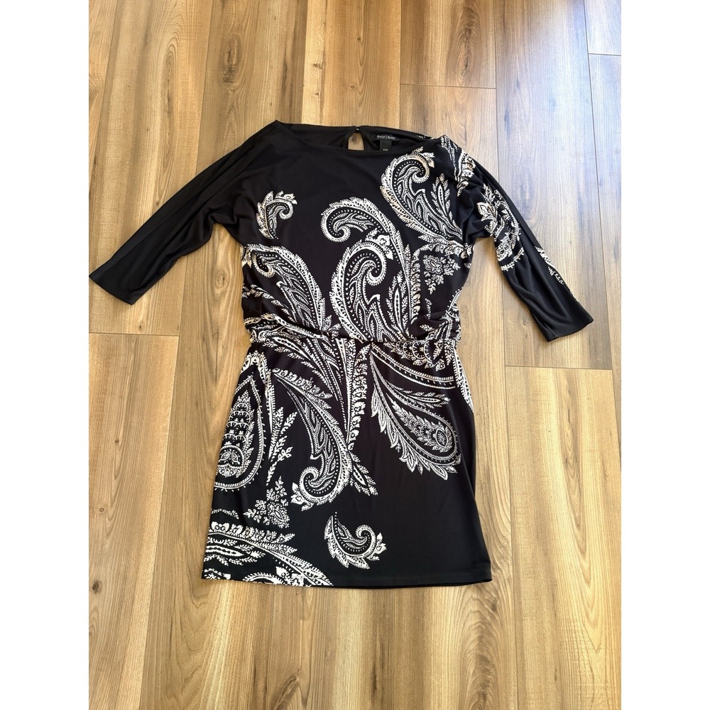 White House Black Market Black Paisley Dress Women's XXS 3/4 Sleeve Stretch